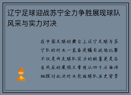 辽宁足球迎战苏宁全力争胜展现球队风采与实力对决